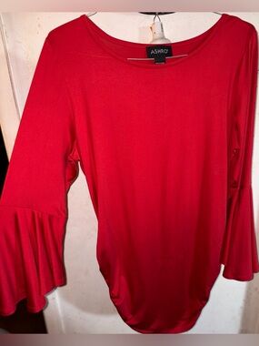ASHRO Red Bell-Sleeve Scoop Neck Long Sleeve Top